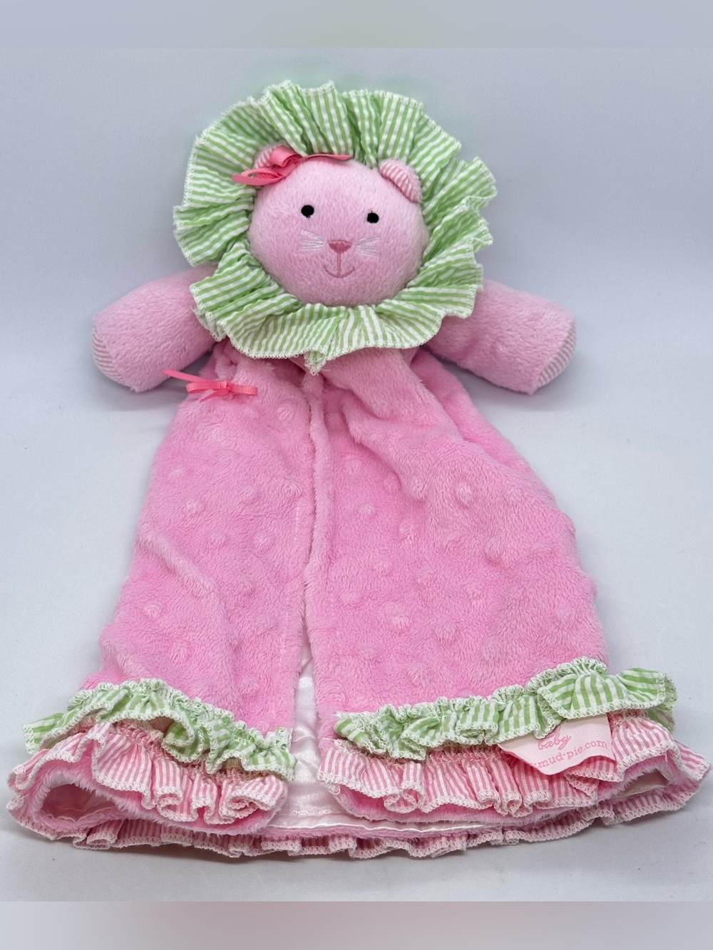 Mud Pie Baby Pink Lion Minky Raised Dot Green Ruffle Lovey Security Blanket 15"
